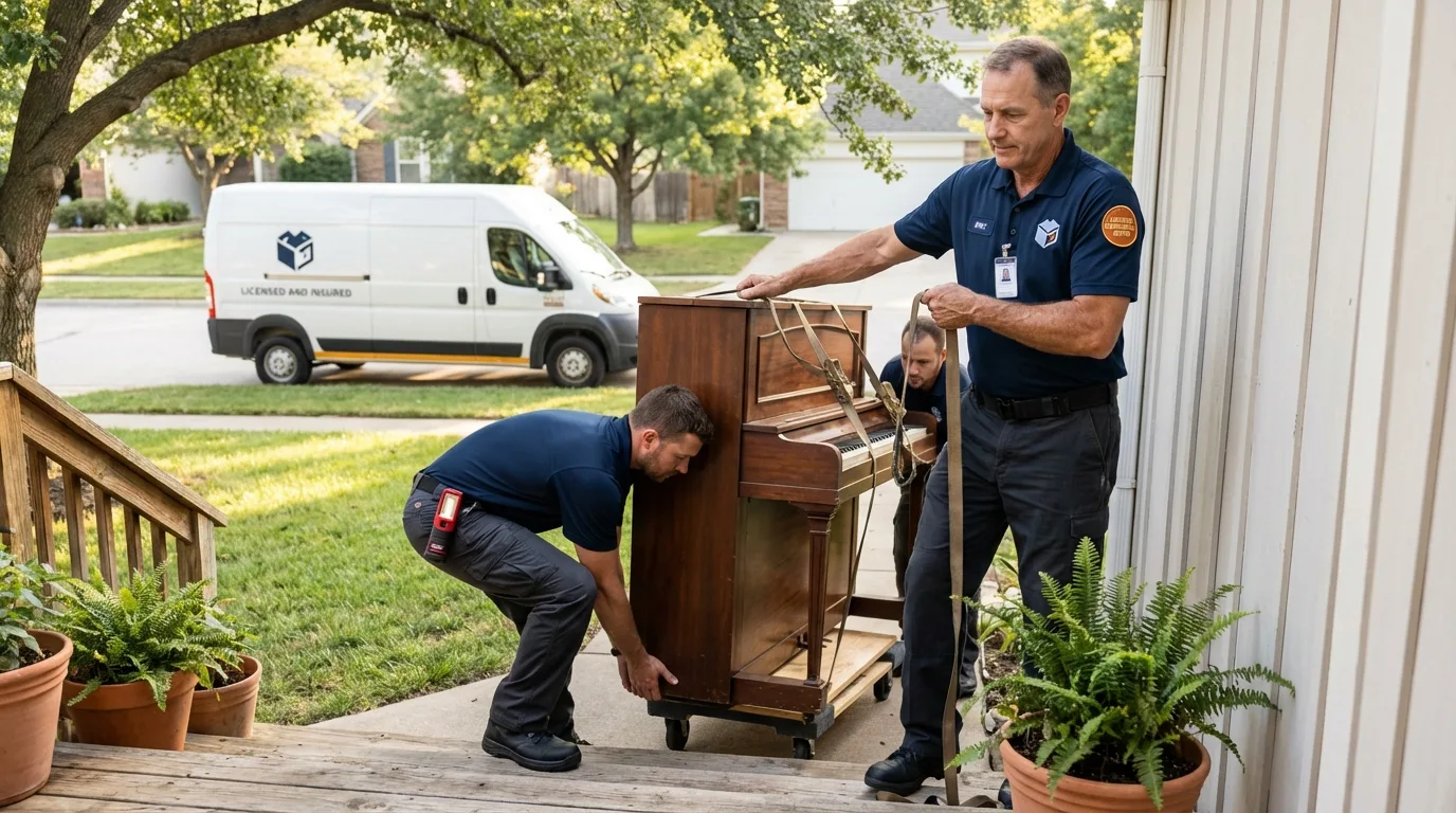 Licensed piano movers securing grand piano in Mendon, UT