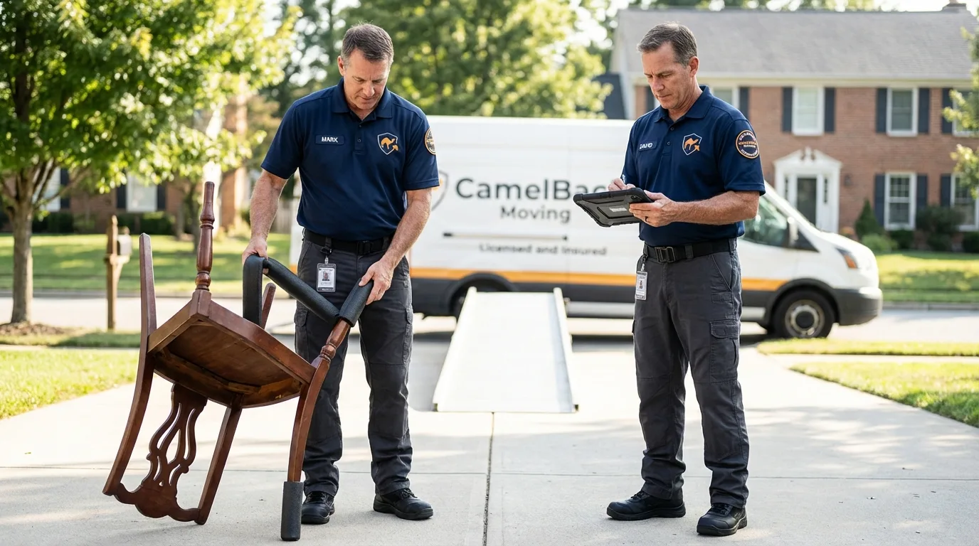 Movers inspecting furniture for damage prevention before loading in Mendon, UT