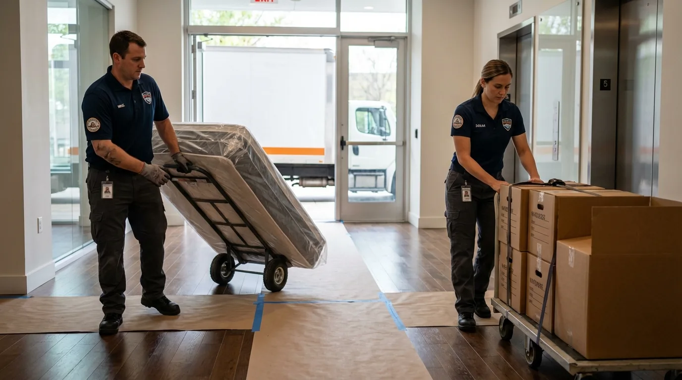 Professional apartment movers loading elevator in Mendon, UT